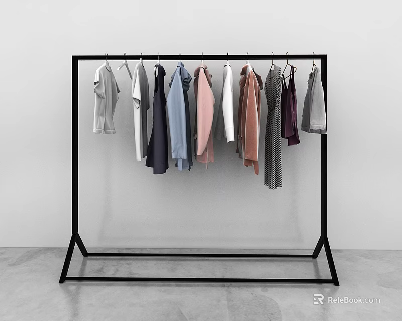 Black Metal Clothes Rack With Various Colored Clothes In Minimalist Setting 3d model