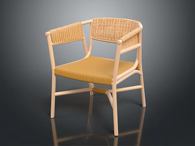 Modern Leisure Chair With Light Wooden Frame Woven Backrest And Yellow Cushion 3d model