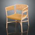 Modern Leisure Chair With Light Wooden Frame Woven Backrest And Yellow Cushion