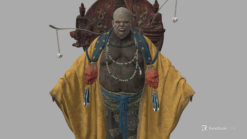 Game Movie Character Wearing Yellow Robe Blue Sash Beaded Necklace Red Ornaments And Circular Decoration 3d model 