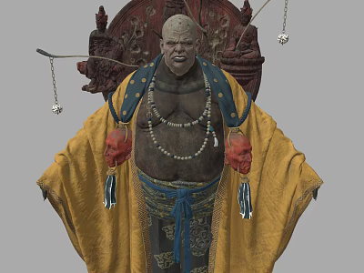 Game Movie Character Wearing Yellow Robe Blue Sash Beaded Necklace Red Ornaments And Circular Decoration 3d model