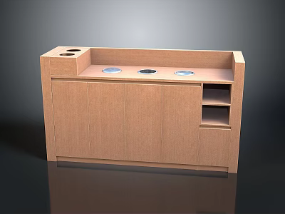 Wooden Utility Counter With Circular Openings Open Shelf And Cabinet Design 3d model
