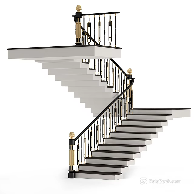 Modern Floating Staircase With White Steps Black Metal Railings And Golden Finials 3d model 