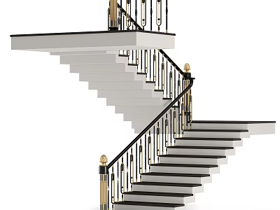 Modern Floating Staircase With White Steps Black Metal Railings And Golden Finials 3d model