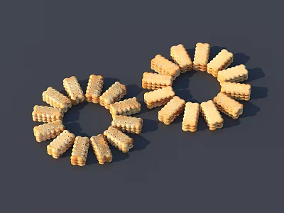 Crispy Yellow Striped Cookies Neatly Arranged in Circular Patterns on Gray Background 3d model