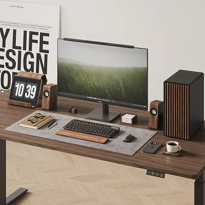 Modern Computer Workstation with Monitor Keyboard Mouse Speakers and Wooden Desk Setup 3d model