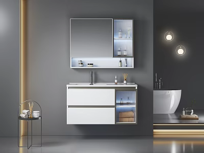 Hotel Bathroom Modern Design With Wall Mounted Vanity Mirrored Cabinet And Soft Lighting 3d model
