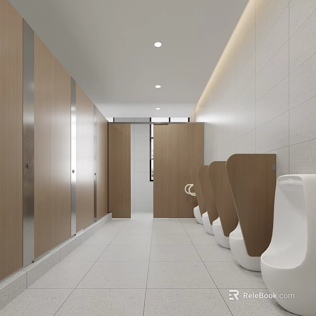 Modern Public Restroom With Wooden Partitions Urinals And Tile Flooring 3d model 