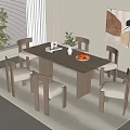 Modern Minimalist Dining Room With Wooden Dining Table Six Chairs Green Plant And Wall Painting