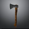 Traditional Axe With Metal Blade And Wooden Handle Featuring Intricate Carvings