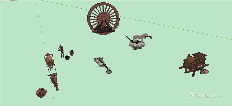 Rustic Garden Decorative Ornaments with Wooden Wheel Sculptures and Small Animal Figurines 3d model 