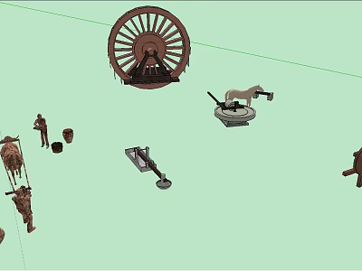 Rustic Garden Decorative Ornaments with Wooden Wheel Sculptures and Small Animal Figurines 3d model