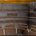 Ancient Circular Amphitheater With Tiered Stone Seats And Brown Gray Carved Walls