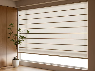 Beige Linen Roman Blinds For Window In Interior With Wooden Cabinet And Green Plant 3d model