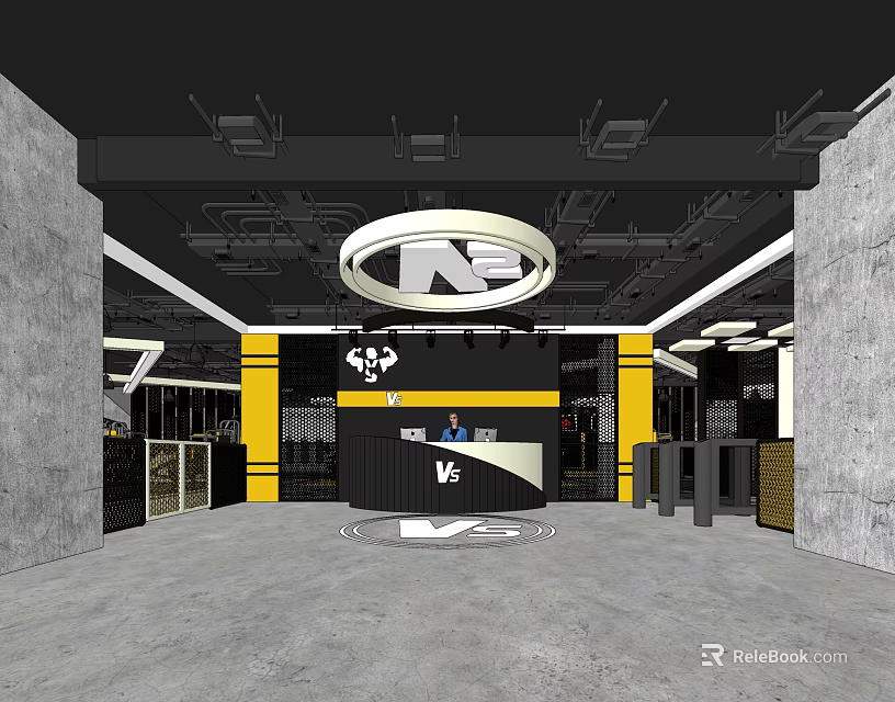 Modern Store Front Desk Design With Black Yellow Pillars And Circular Logo 3d model