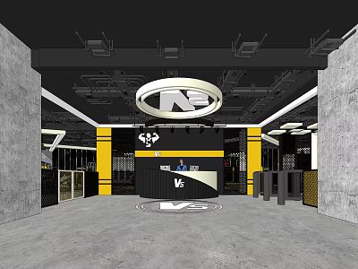 Modern Store Front Desk Design With Black Yellow Pillars And Circular Logo 3d model