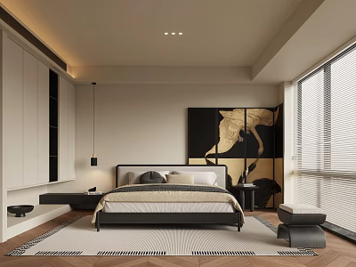 Modern Bedroom Interior Design With Bed Wardrobe Decorative Painting Window And Soft Rug 3d model