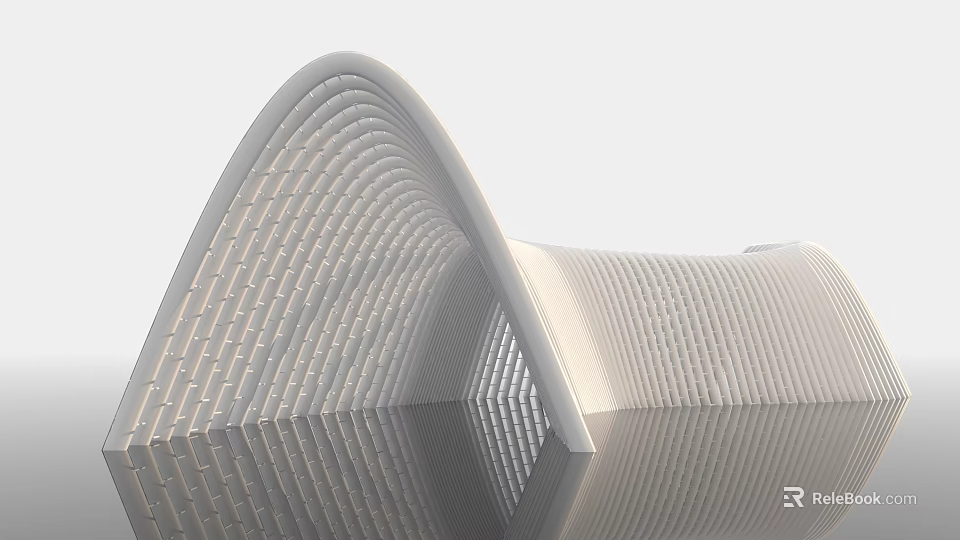 Modern Garden Landscape Featuring Curved White Striped Structure With Water Reflection 3d model