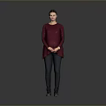 Stylish Woman in Maroon Top Black Pants Standing with Hands on Stomach Against Gray Background