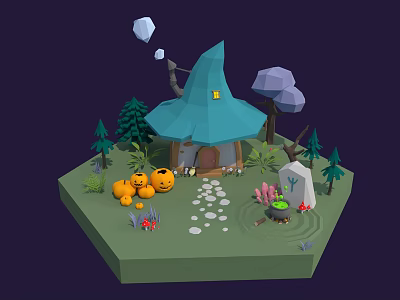 Cartoon Scene With Blue Pointed Roof Cottage Pumpkins Pine Trees Stone Path And Cauldron 3d model