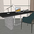 Modern Black Desk with Marble Base and Laptop on Table Gray Chair in Contemporary Interior