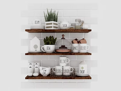Kitchenware Display on Wooden Shelves with White Tile Wall and Decorative Cups Jars Containers 3d model