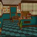Teal Wall Interior With Checkered Floor Wooden Table Shelves Bottles And Potted Plant