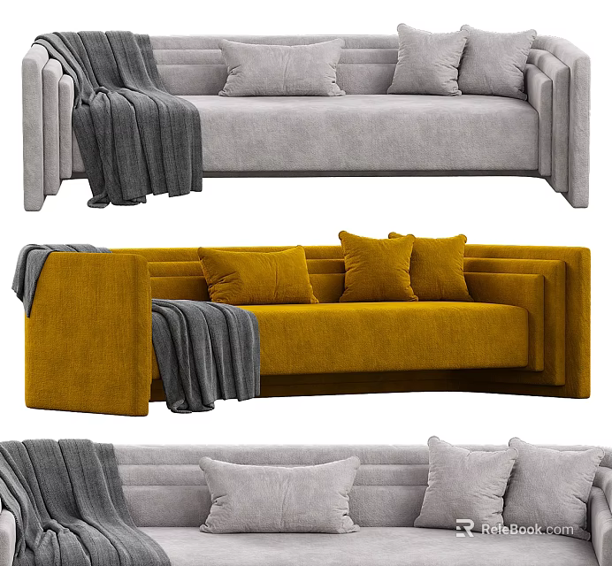 Stylish Gray And Yellow Multi Seat Sofa With Plush Pillows And Soft Blanket 3d model