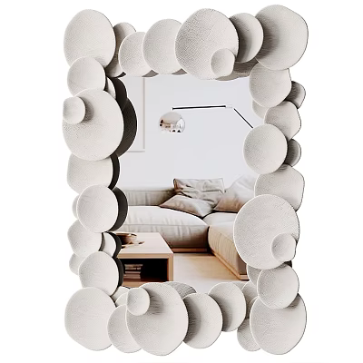 Modern Decorative Mirror With Circular White Frame Reflecting Cozy Living Room Sofa And Coffee Table 3d model