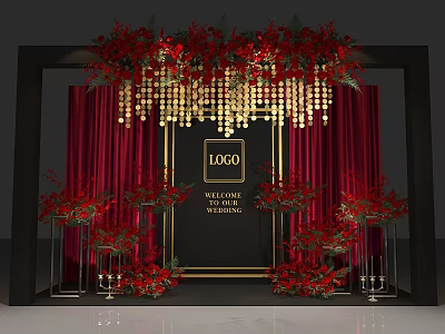 Elegant Wedding Decoration With Red Curtain Gold Drapes And Floral Arrangements 3d model