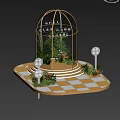 Glass Greenhouse With Green Plants On Circular Platform Orange White Checkered Floor Blue Sky