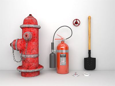 Modern fire fighting equipment, fire hydrant, fire extinguisher, smoke detector model