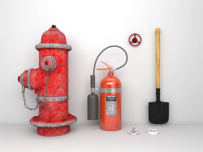 Essential Fire Safety Equipment Including Red Hydrant Extinguisher Shovel And Warning Sign 3d model