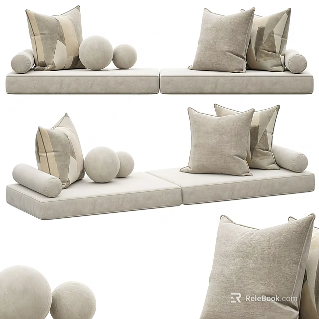 Modern Neutral Sofa Bench With Decorative Pillows And Round Cushions 3d model 