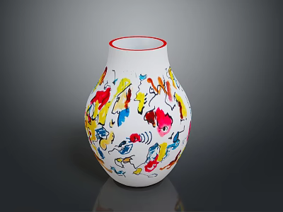 White Vase With Red Rim And Colorful Abstract Decorative Patterns 3d model