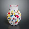 White Vase With Red Rim And Colorful Abstract Decorative Patterns