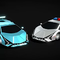 Blue Sports Car and White Police Car with Red and Blue Lights and Futuristic Design