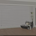Modern Living Room With Light Colored Fabric Blinds Sofa Plant And Wooden Floor