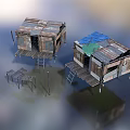 Shabby Stilt Houses With Different Colored Tin Roofs Built On Water And Wooden Ladders