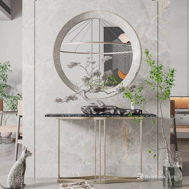 Modern Console Table With Metal Frame Round Mirror And Green Plants On Marble Wall 3d model