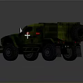 Green Camouflage Military Transport Truck with Large Wheels and Cross Marking