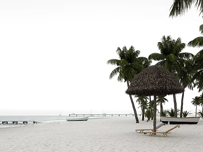 Tropical Garden Landscape With Thatched Umbrella Palm Trees Beach Boat And Pier 3d model