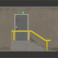 Restaurant Exit Door With Yellow Handrails Green Sign And Concrete Stairs