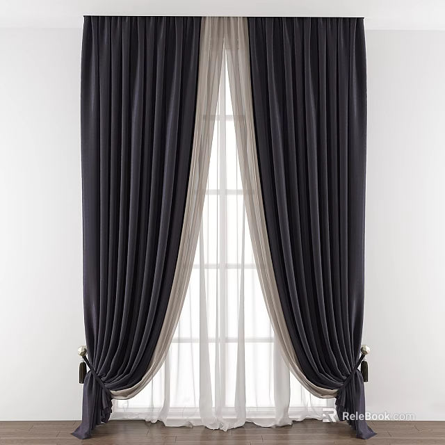 Elegant Dark Curtains Paired With White Sheer Panels For Stylish Window Design 3d model 