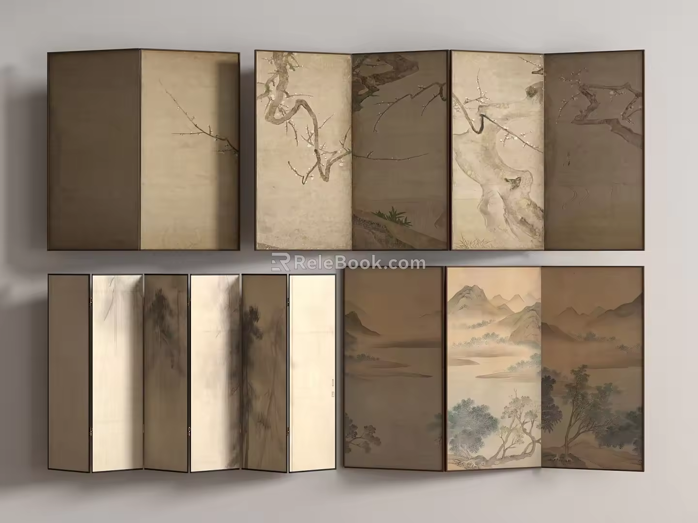 New Chinese Style Silent Screen Partition Folding Screen Decorative Painting Wallpaper Rattan Screen 3d model