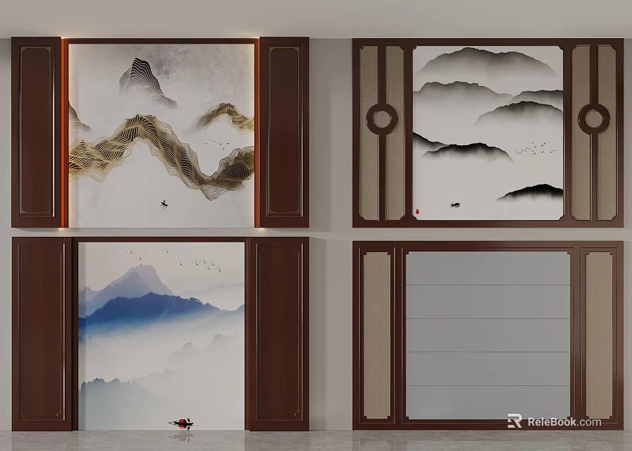 Traditional Chinese Landscape Background Wall with Wooden Frame Mountain River Cloud and Bird Elements 3d model 