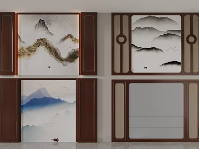 Traditional Chinese Landscape Background Wall with Wooden Frame Mountain River Cloud and Bird Elements 3d model