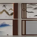 Traditional Chinese Landscape Background Wall with Wooden Frame Mountain River Cloud and Bird Elements