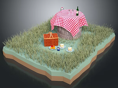 Outdoor Picnic Setup With Grass Table Checkered Tablecloth Basket Food And Drinks 3d model