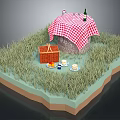 Outdoor Picnic Setup With Grass Table Checkered Tablecloth Basket Food And Drinks